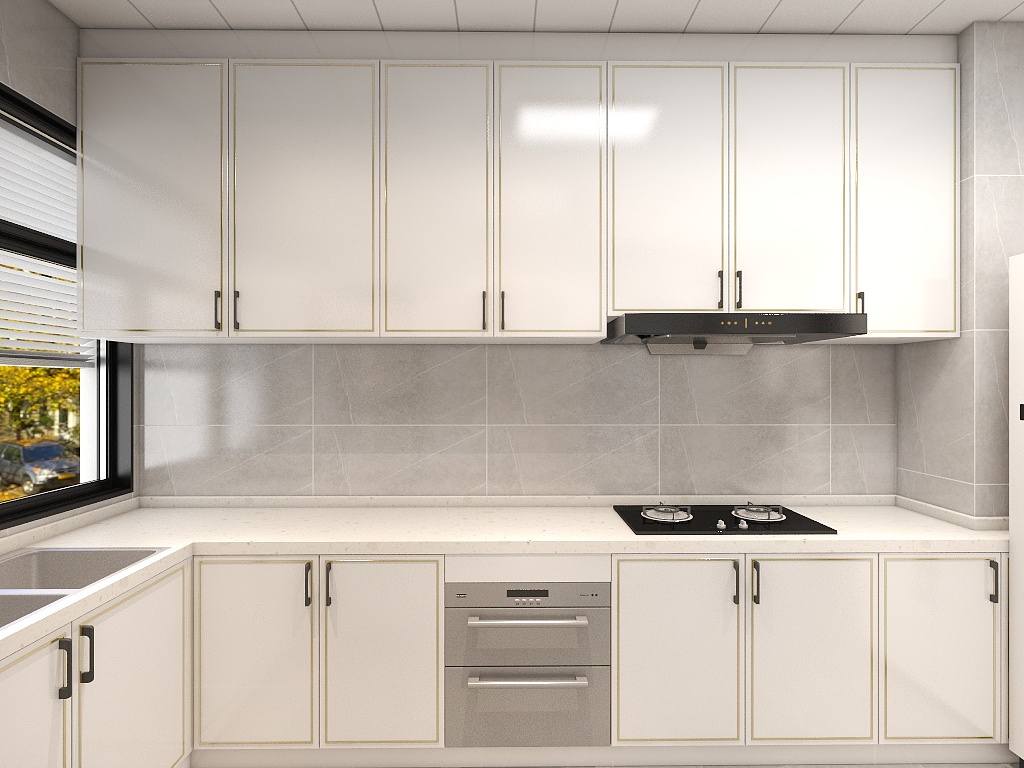厨房以白色为主,橱柜局部使用线条勾勒, 让整体空间显得个性时尚.