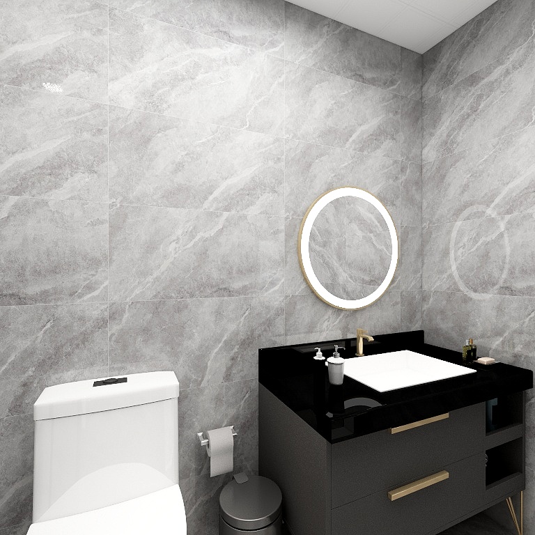 卫浴空间美观实用，灰色背景墙简约素雅，黑色洗手柜精致感强，局部金属勾勒十分典雅。