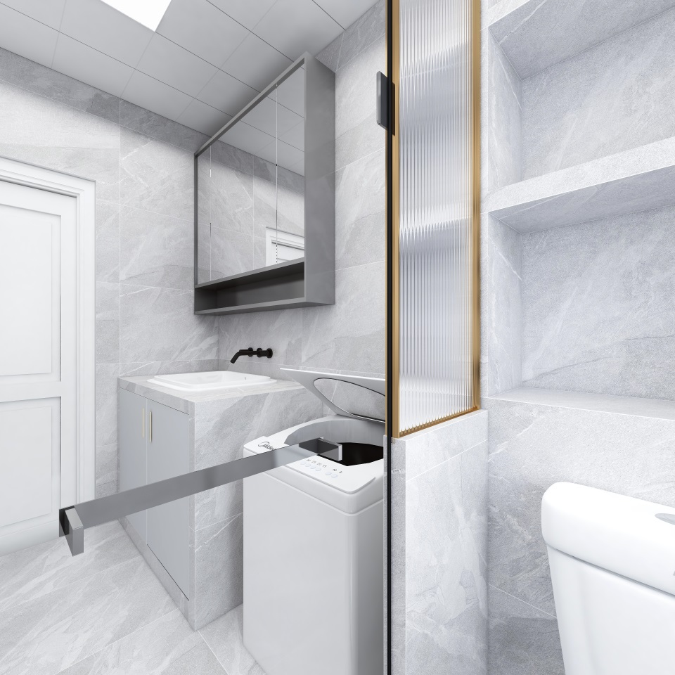 卫生间以炫酷的黑白金作为主基调，洗手台轻巧设计无不体现出前卫的设计理念。