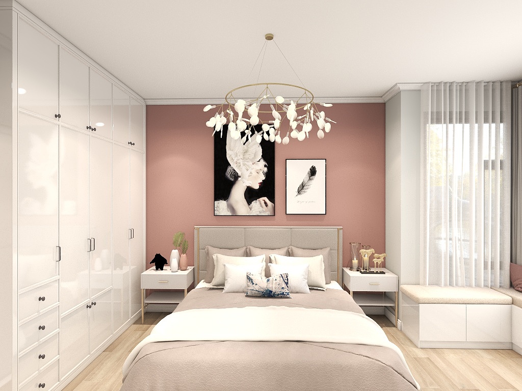主卧采用粉色床头作为背景墙，搭配质感的床铺和灰色床单，典型的北欧风设计。