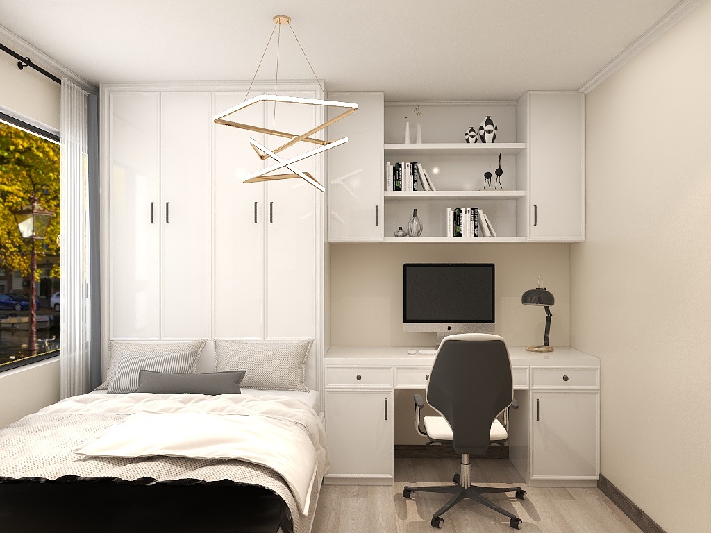 侧卧采用定制化设计，榻榻米、衣柜、写字桌一体化打造，使空间充满了秩序感。