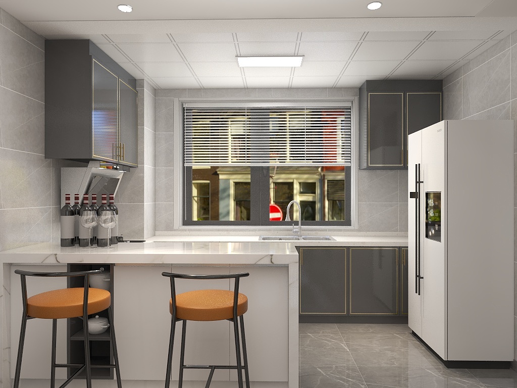 U型厨房设计，增大了空间延伸感和视觉感，局部吧台设计提高了日常的生活效率。