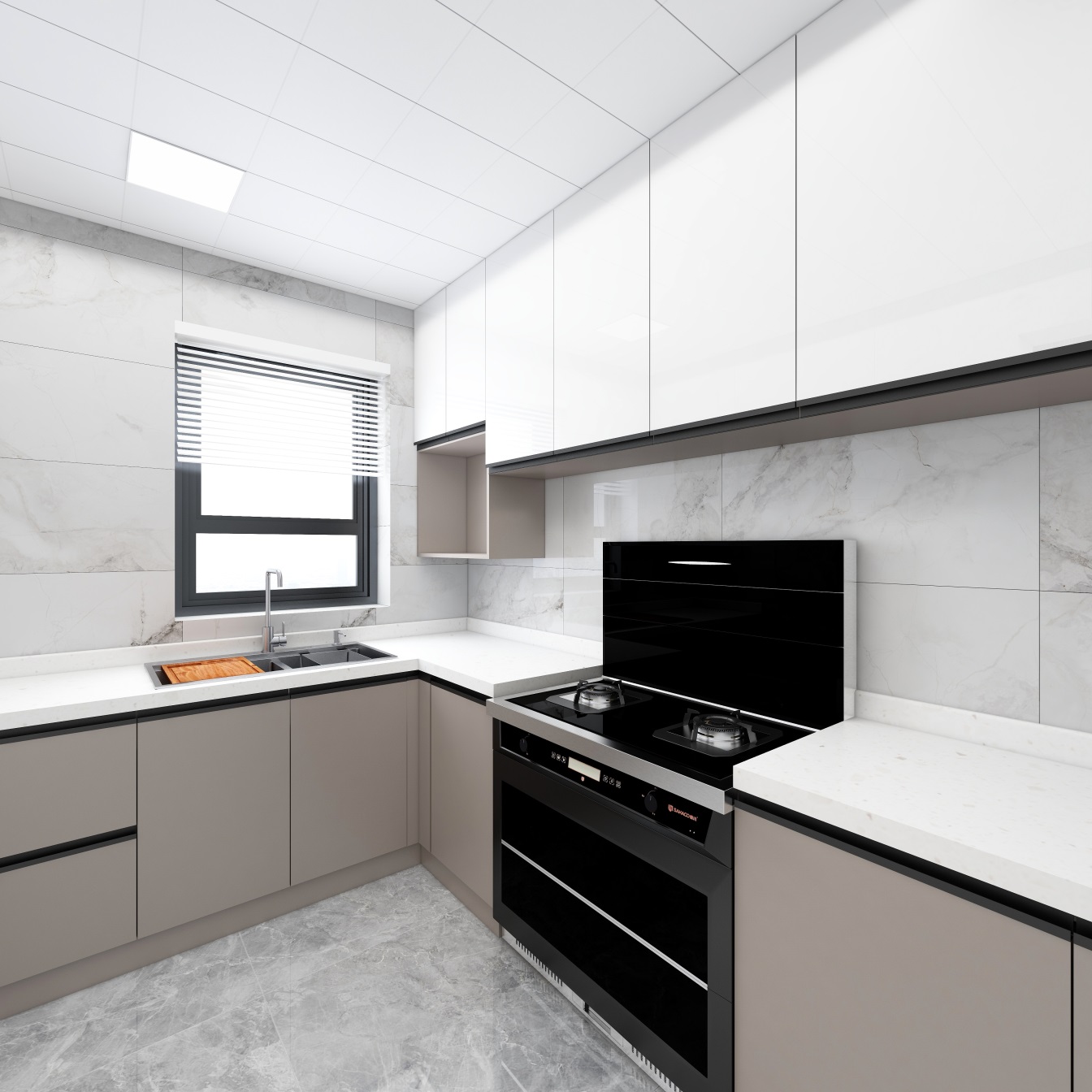 厨房选用纯净的白色系为主题，搭配米色底柜，冲撞出现代生活的质感。