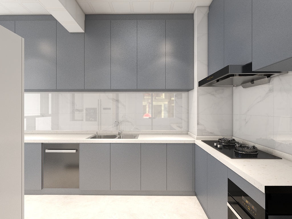 厨房整体给人简约大气的视觉观感，雾霾蓝橱柜轻松营造高级质感。