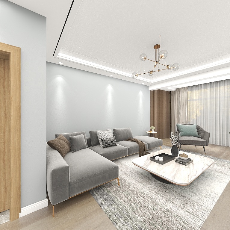 客厅私密性较强，主体白灰调结合，打造出高品质、舒适简约的客厅空间。