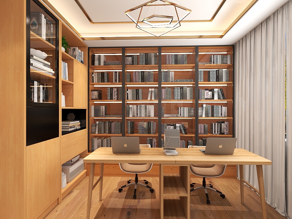 书柜以木质结构为主，书柜、书桌椅均为原木打造，书柜隔区层次分明，空间静谧又舒适。
