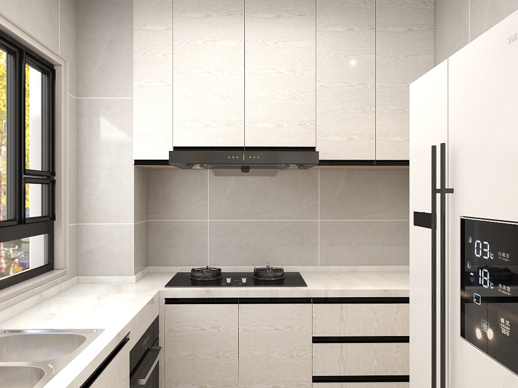 L型厨房设计十分大气，白色实木橱柜搭配灰色背景，带给人古朴典雅的感觉。