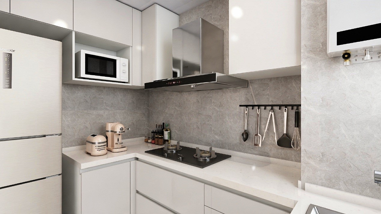 厨房为现代风格，白色橱柜层次分明，背景墙使用大理石背景铺贴，使空间更为洁净。