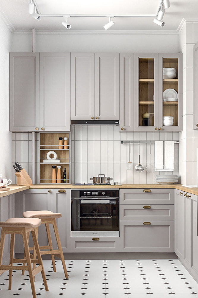 暖色橱柜使厨房更加舒适，局部吧台设计，简约不失时尚，提升了居家生活体验。