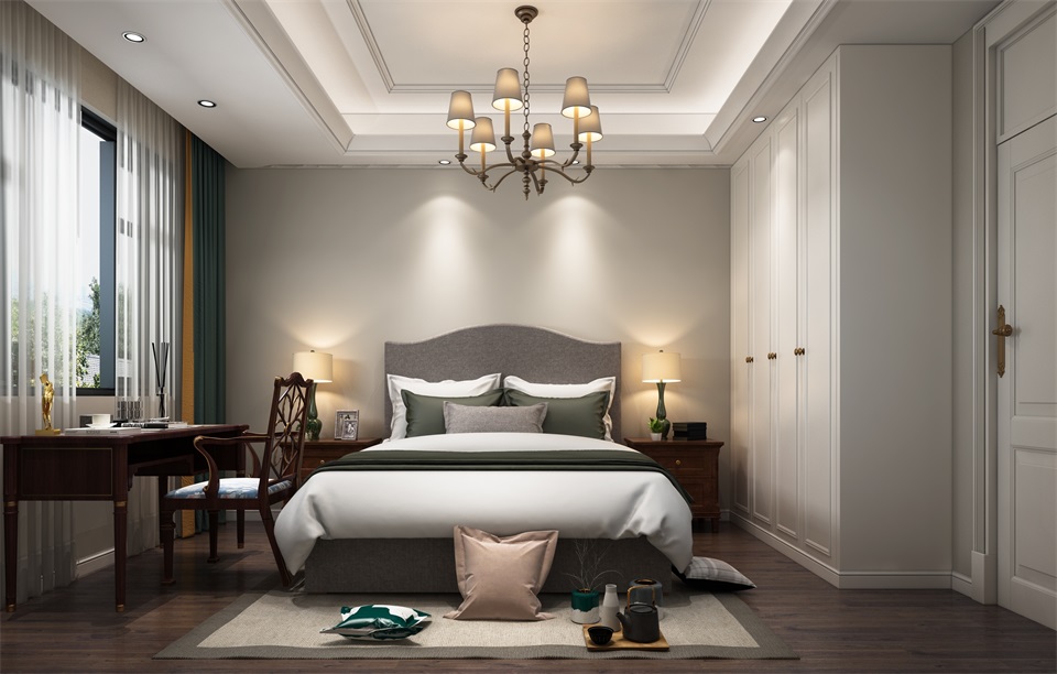 卧室整体以较为高级的配色为主体，通过床头灯和吊灯的点缀，使空间显得高贵又不单调。