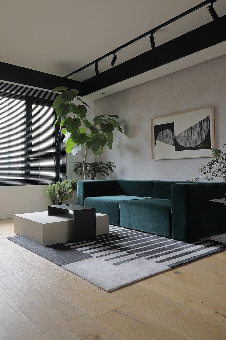 绿色丝绒质沙发搭配白蜡木小茶几，局部使用绿植装饰，将日式风进行到底。