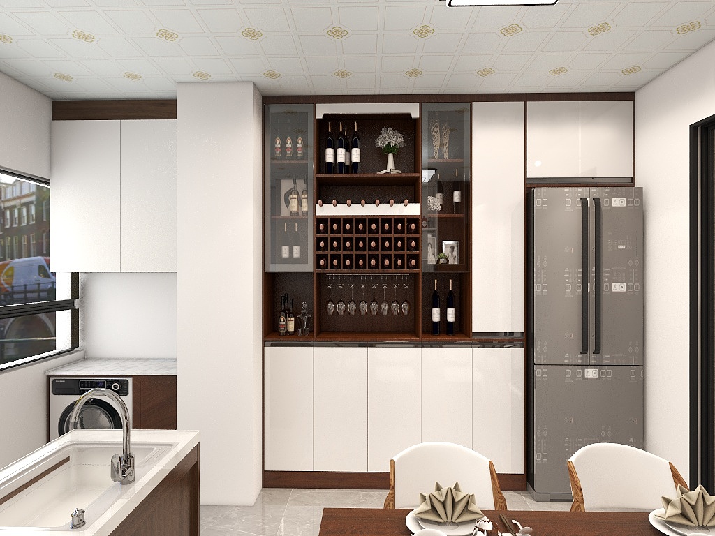 厨房背景采用轻盈通透的餐边柜来设计，缓解了硬装设计带来的单调感。