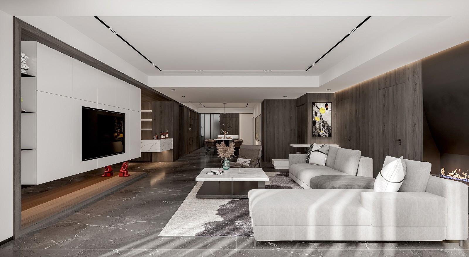 客厅的设计简约，并搭配暖色调来营造空间的舒适感，打造出有灵气的空间。