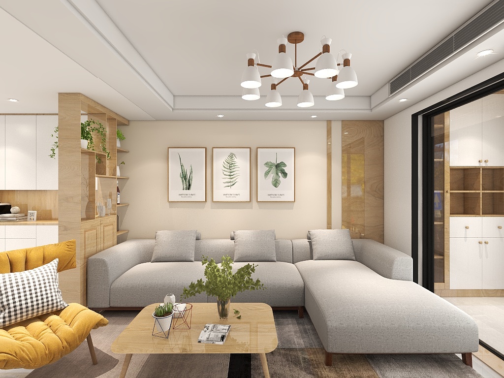 客厅布局巧妙，浅灰色的沙发提升了整体空间质感，给人一种安静舒适的感觉。