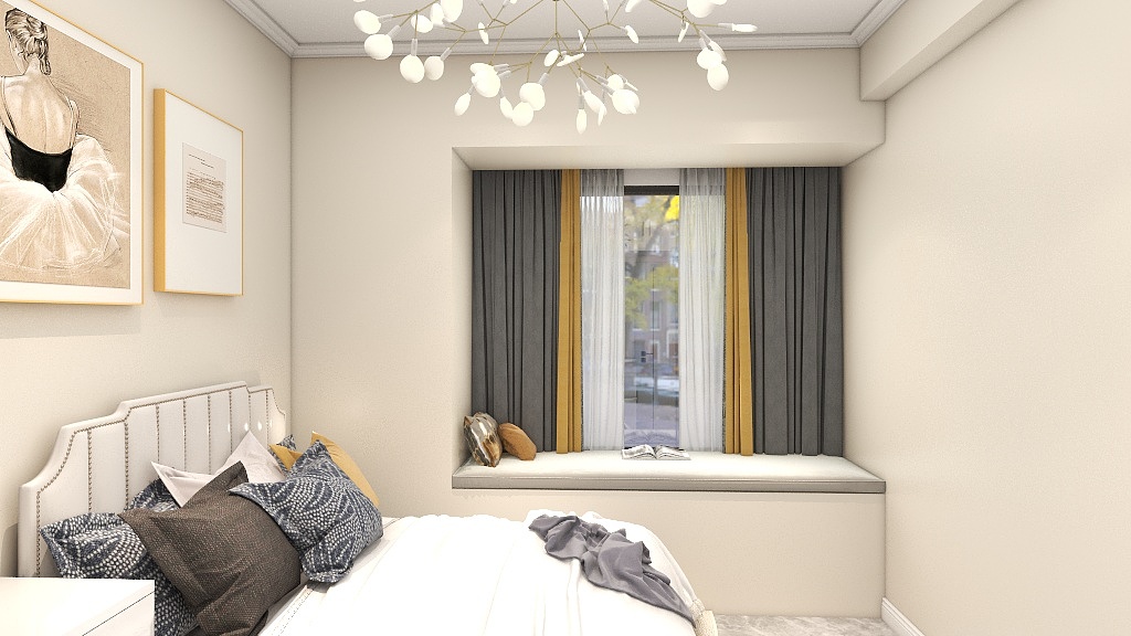 飘窗设计增添了卧室空间的华丽气质，让空间的气氛更加宁静舒适。
