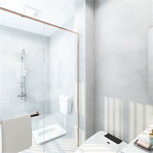 卫生间以白色为主，金属线条的勾勒增加了空间的精致氛围，烘托出丰富的空间情绪。