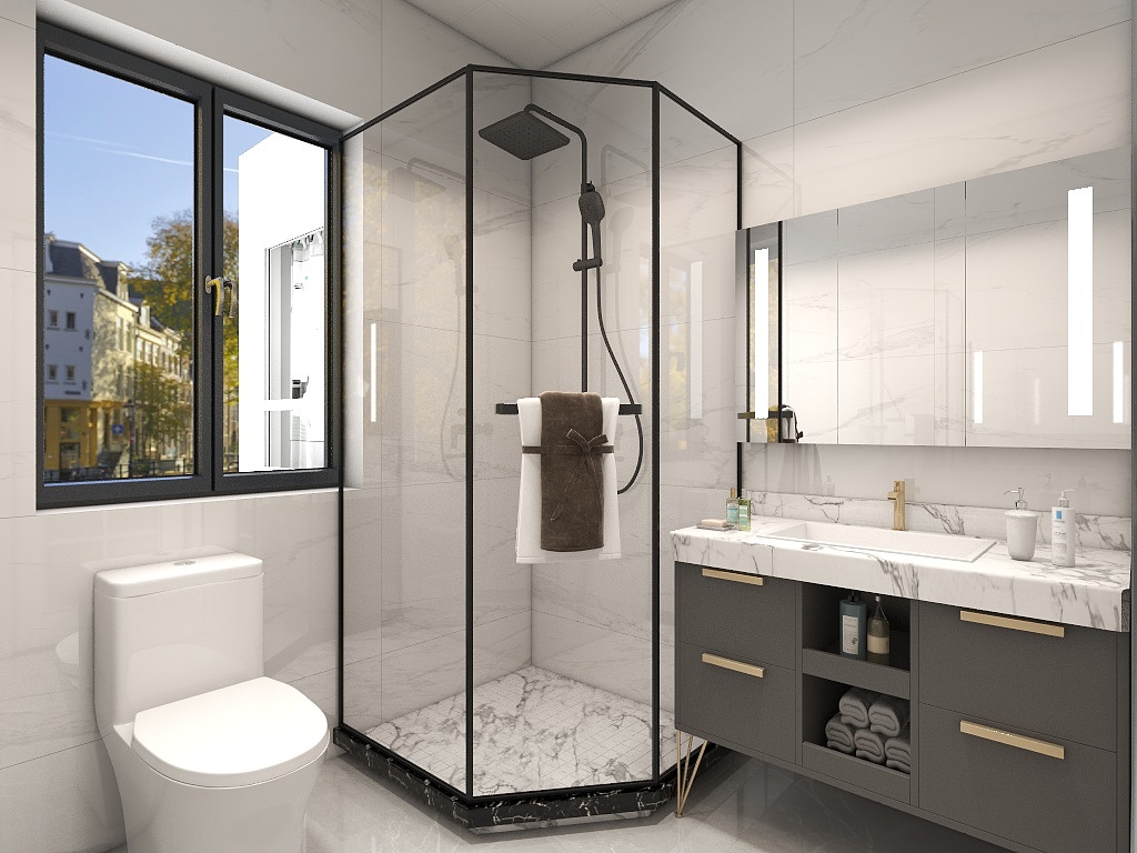 卫浴空间线条简单、装饰元素少，全屋白色大理石铺贴显示出美感。