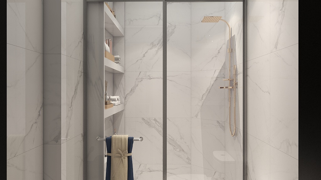 壁龛设计成为淋浴房亮点，白色的墙砖衬托下，凸显设计感和精致感。