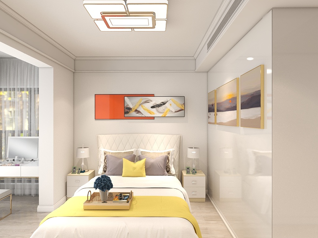 次卧采用黄色作为跳色点缀，奠定了轻盈活跃的空间氛围，展现出现代风格的魅力。