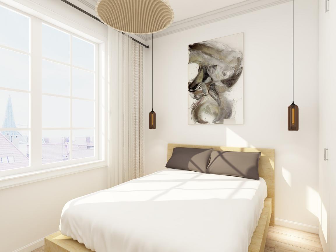 木质双人床以及墙面上的装饰元素，给侧卧空间增加了一分复古气息。