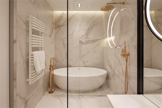 卫浴空间以白色为基调，局部采用玻璃进行干湿分离，加之灯光设计，美观且实用。