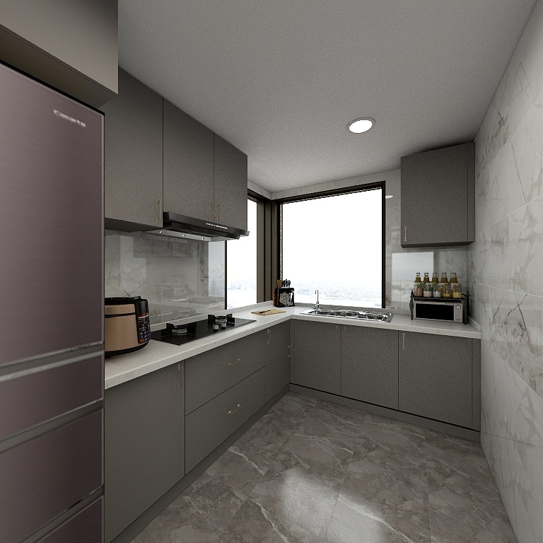 米色的橱柜设计让厨房看起来宽敞又明亮，搭配大理石的地面，耐脏耐看。