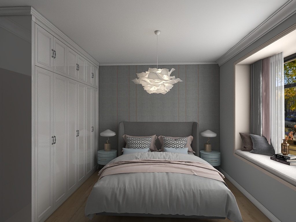 灰色背景墙与床头色感相融，在空间中与吊灯碰撞，共同营造出一副精致的画面。