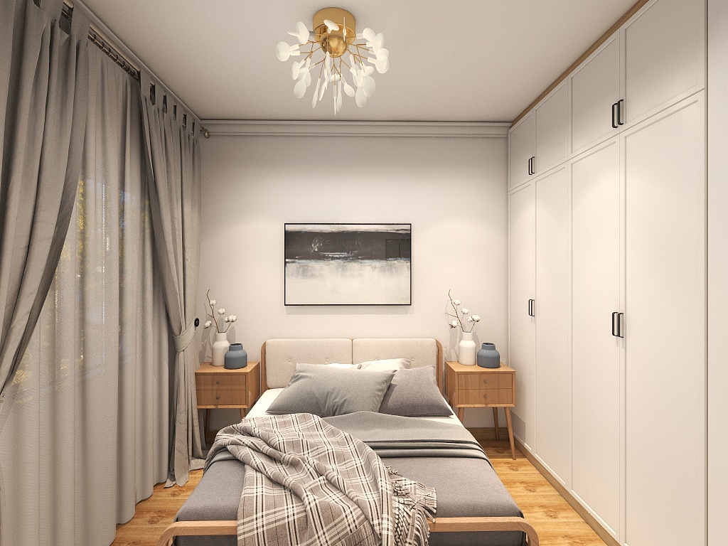 卧室采用日式极简风格打造，以白色和灰色为主，使空间宁静而优雅。