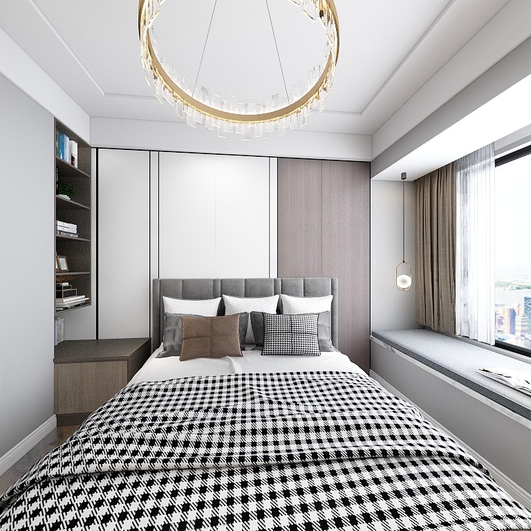 卧室设计简约，深邃灰色床头搭配暖色吊灯，呈现和谐共生的视觉效果。