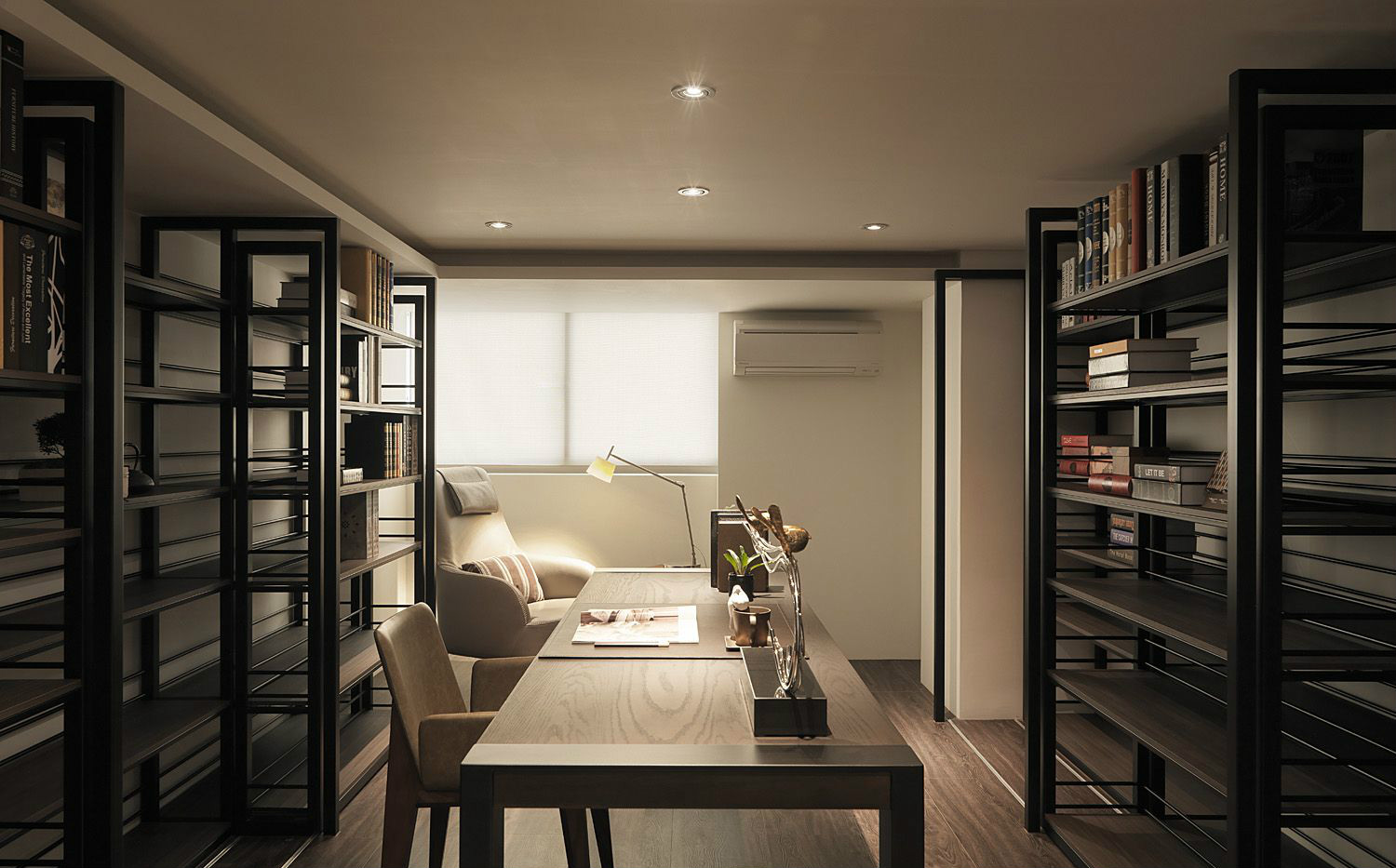 书房层次感强,无吊顶的设计方法缓解了层高不高的问题,空间显得更大.