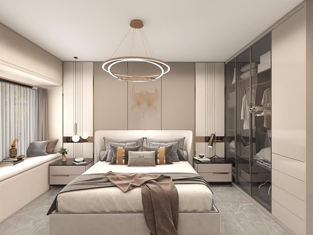 卧室在配色上大胆的用了米色的渐变色进行打造，给人鲜明温馨的氛围。