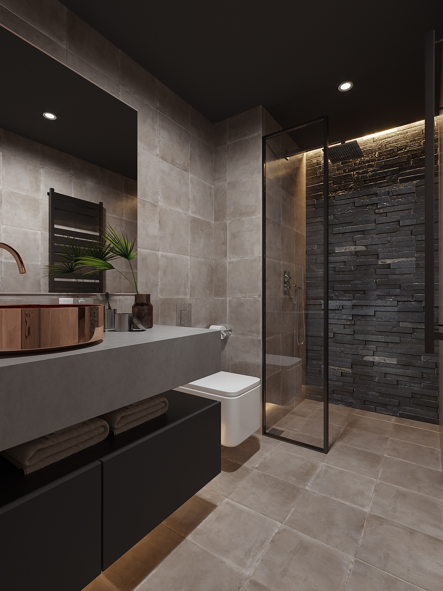 卫浴空间格调素雅，背景墙以端庄稳健的咖色打造，诠释出闲适的氛围。
