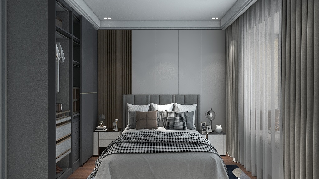 侧卧床头与主卧形成一致，灰色背景墙设计打造出时尚简约的氛围。