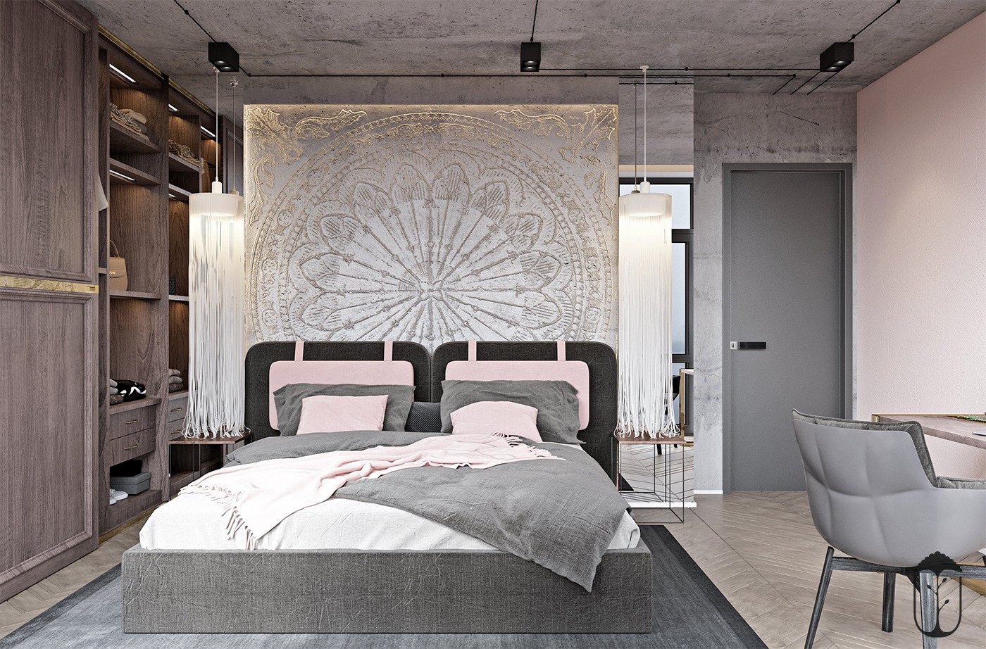 无主灯设计使得次卧更加开阔透亮，灰白色调的床铺家具，让卧室更加温暖如昔。
