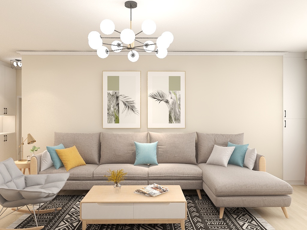 客厅以暖色调为主，配以浅色木质地板和灰色布艺沙发，整个空间非常简洁明亮。