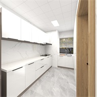 厨房以白色为主，给人一种优雅的感觉，简洁的浅色和大理石背景墙搭配，使空间更加明亮。