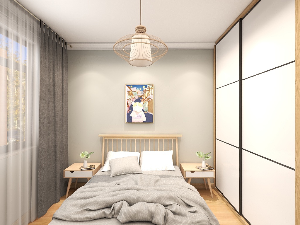 主卧背景墙采用平静温和的灰色铺陈，搭配木质床体，空间显得温馨柔和。