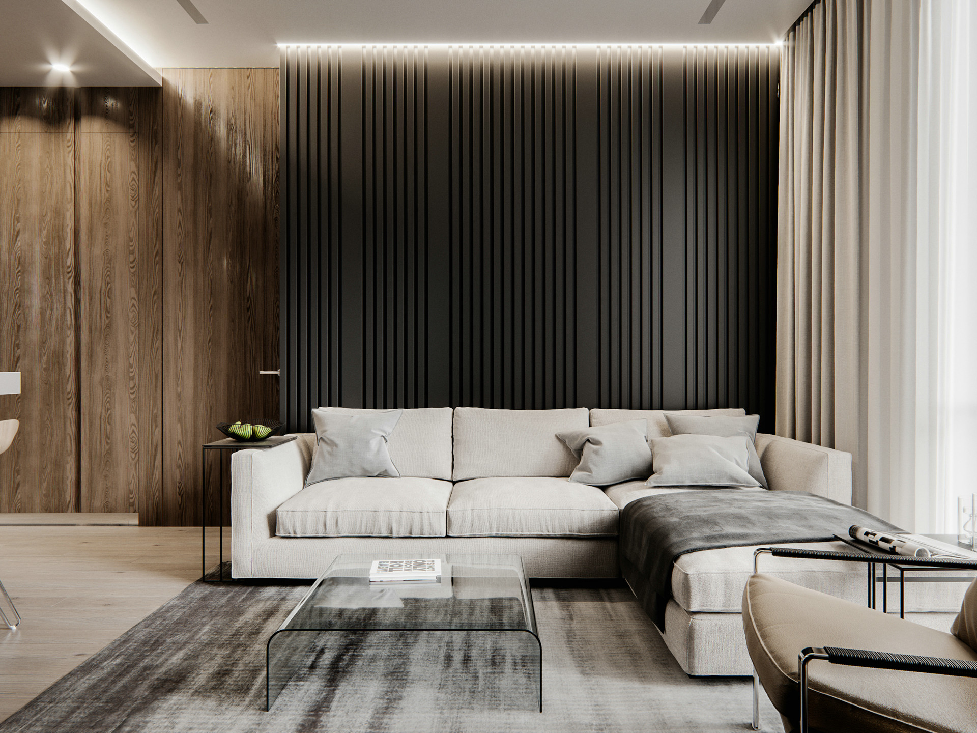 客厅以冷色调为底色，黑色背景墙搭配米白色布艺沙发，空间显得温馨高档。