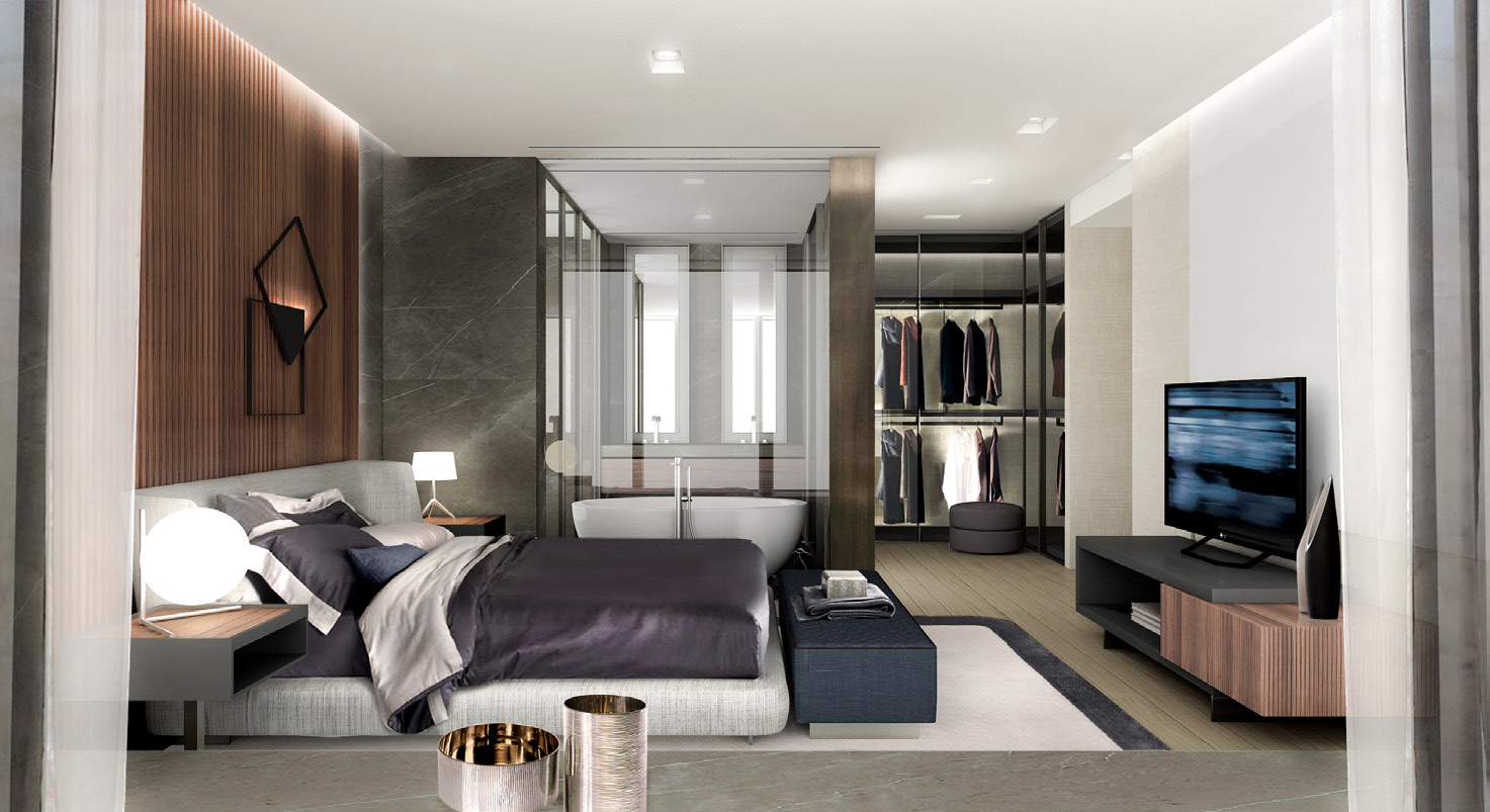主卧采用套间设计，空间涉及卫浴房和衣帽间，照明设计使空间更加明亮。