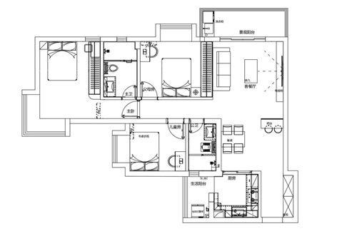 该户型为米2厅3室1卫，面积为114平米，户型整体较为规整，以客厅、厨房为轴线，动线设计合理。