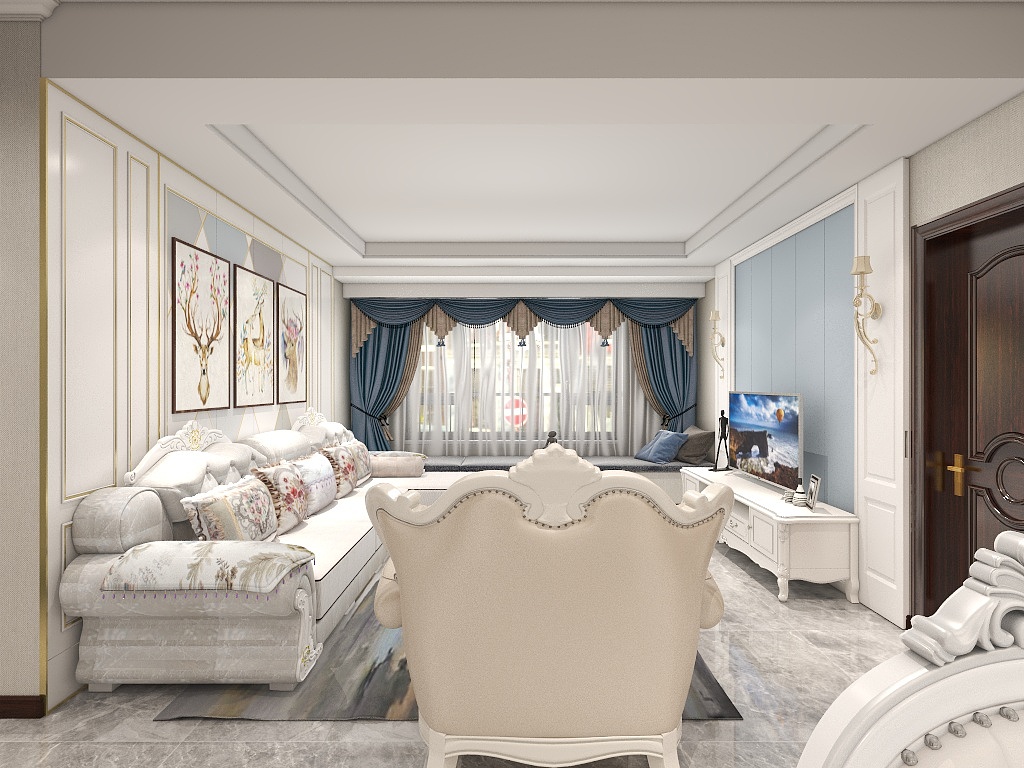 客厅以白色为主基调，在简约不繁复的空间线条里，细致简白的背景墙与家具搭配，呈现一派清新情调。