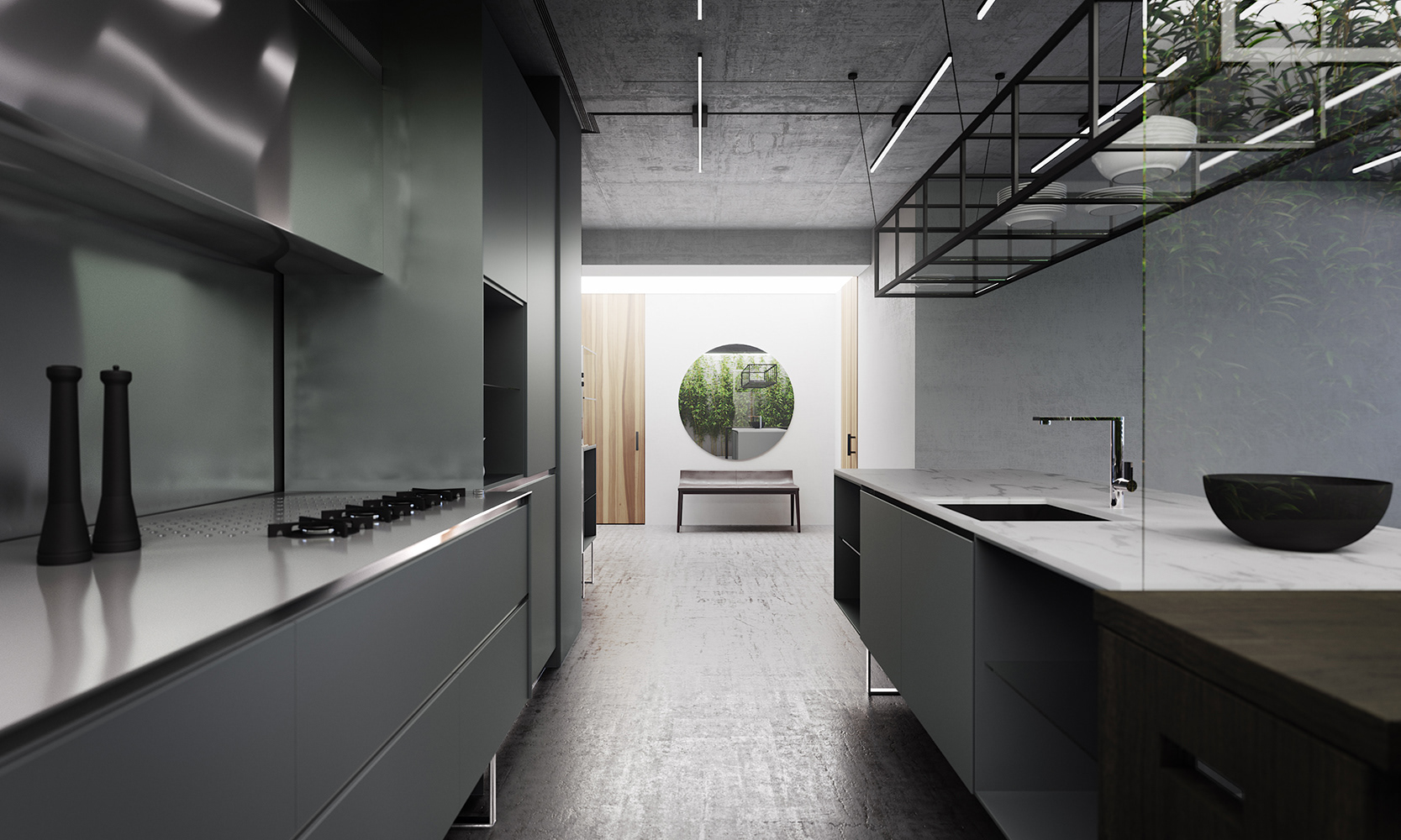 厨房墙面与地面相互呼应，显得温馨而雅致，灰米色橱柜与空间自成一体，给人恬静的感觉。