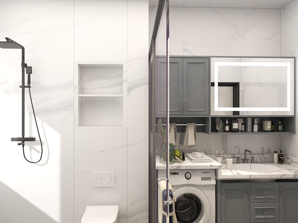 卫生间采用二式干湿分离设计，简单设计的壁龛兼具收纳功能，空间功能感强。