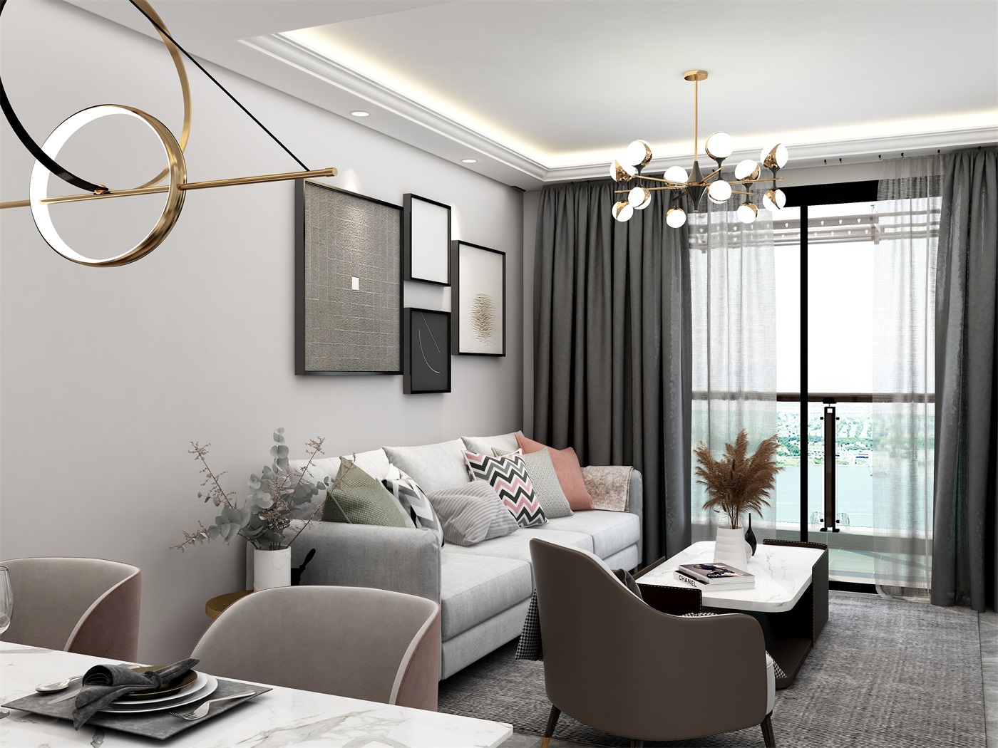 客厅以素色为基地，布艺沙发触感舒适，黑白灰的色温中，营造出一种端庄的客厅空间感。
