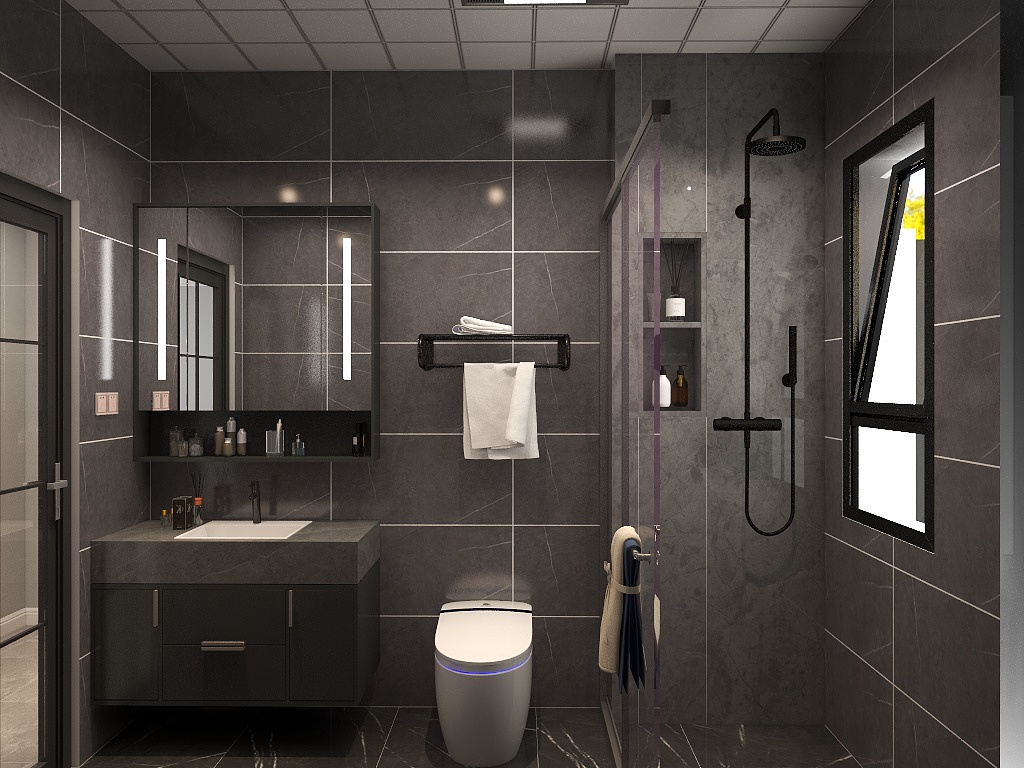 深灰色卫浴间充满静谧感，采用玻璃进行干湿分离，保持了良好的采光。