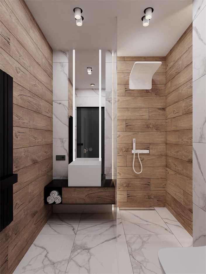 卫生间白色和木色搭配形成空间色彩的对比，让空间显得时尚简约。