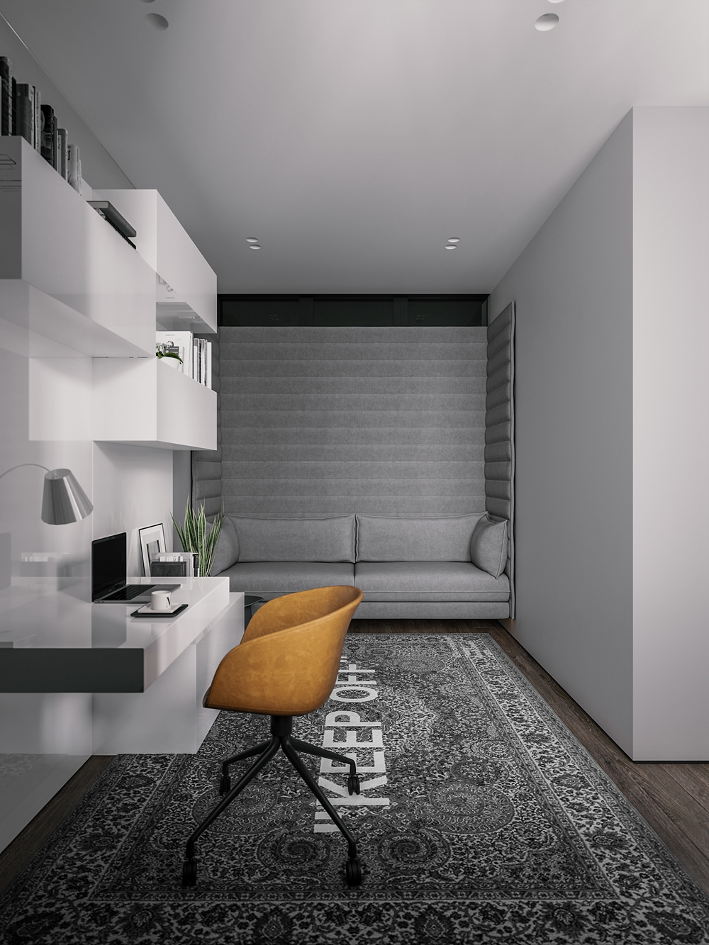 书房朴实风格设计，局部搭配灰色布艺沙发，彰显出空间主人对舒适的的追求。