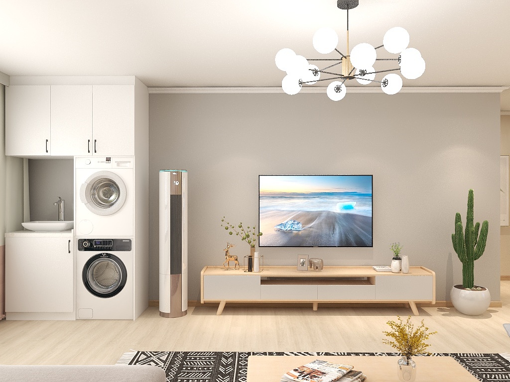 电视机背景墙以实用性为主，没有做其他没必要的装饰，角落设计洗衣机，提高空间使用率。