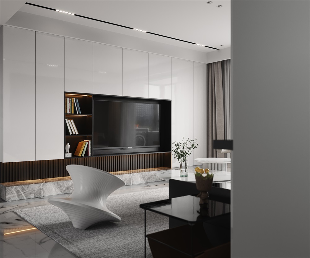 电视机背景墙以白色为主，错落的层次设计增加了空间的丰富性，彰显出空间张力。