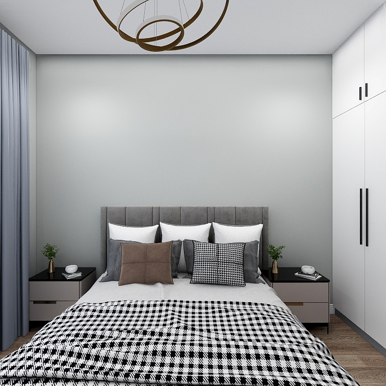 侧卧以灰色为基调，床头配色层次分明，床头柜对称放置，简约大气。